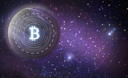 bitcoin symbol hologram over planet in spaceの写真素材