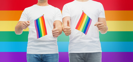 male couple with gay pride flags showing thumbs upの写真素材