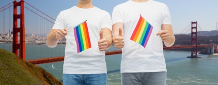 male couple with gay pride flags showing thumbs upの写真素材