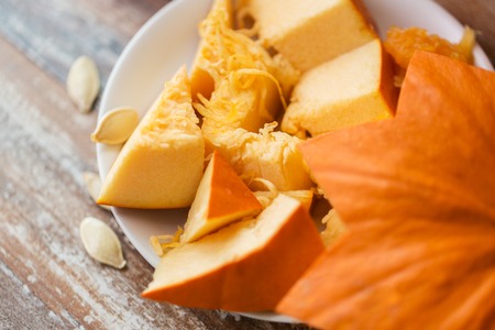 pumpkin cutted into pieces on a plateの写真素材