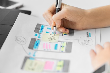 app design, technology and business concept - web designer working on user interface and creating...