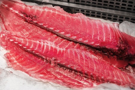 fresh tuna fish or seafood on ice at makret stall