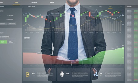 businessman with cryptocurrency on virtual screen