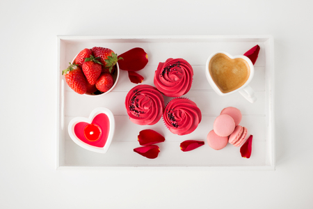 close up of treats on tray for valentines dayの写真素材