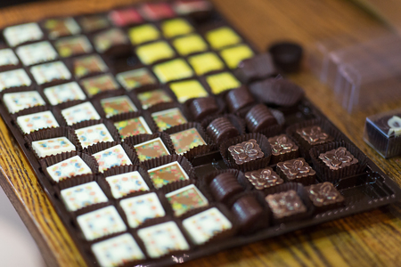 chocolate candies at confectionery shopの写真素材