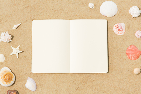 notebook with seashells on beach sandの写真素材