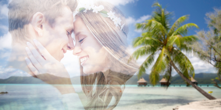 summer holidays, love and travel concept - happy smiling young hippie couple fading over tropical beach background in french polynesia with double exposure effectの写真素材