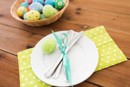 close up of table setting and easter eggsの写真素材