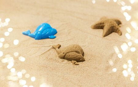 sand shape made by whale mold on summer beachの写真素材