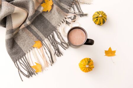 drinks and season concept - cup of hot chocolate, autumn leaves, pumpkins and warm blanket on white backgroundの写真素材