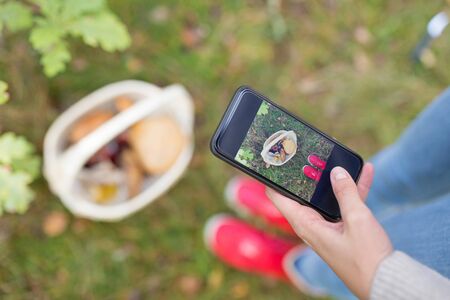 technology, nature and leisure concept - close up of woman photographing mushrooms in basket by smartphone in autumn forestの写真素材