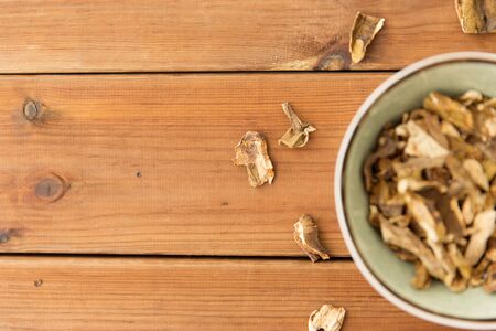 Dried mushrooms in bowl on wooden background