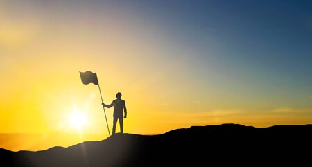 business, success, leadership, achievement and people concept - silhouette of businessman with flag...