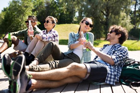 friends drinking beer and cider in summer parkの写真素材