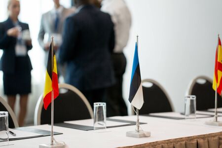 table in boardroom at international conference