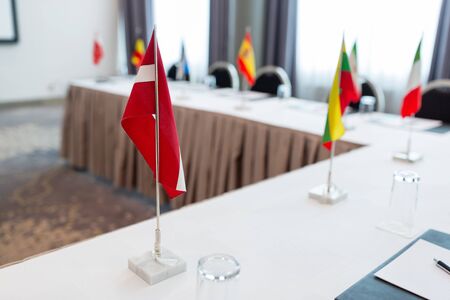 flags at international conference boardroomの写真素材