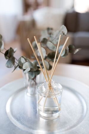 Aroma reed diffuse and branches of eucalyptus  on table at homeの写真素材