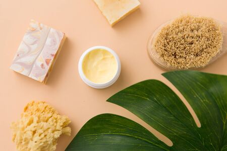 natural soap, brush, sponge and body butterの写真素材