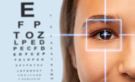 girls face with laser ray and eye test chart