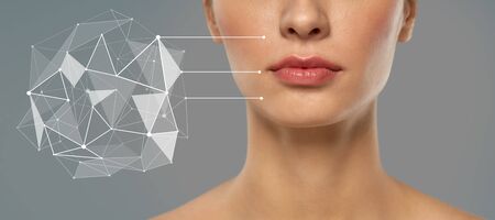 woman with futuristic pointers showing face skin