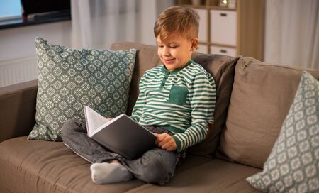 happy smiling little boy reading book at home