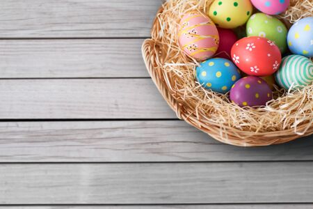 close up of colored easter eggs in basket