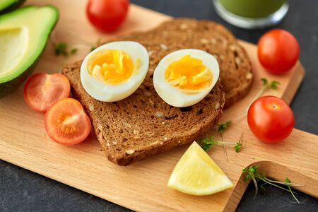 toast bread with eggs, cherry tomatoes and avocado