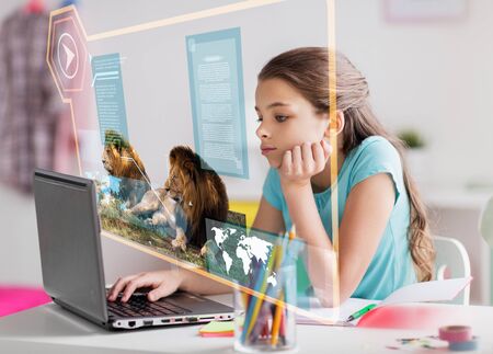 girl with laptop learning nature online at home