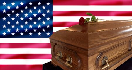 Rose flower on wooden coffin over american flag