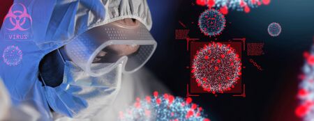 close up of scientist and coronavirus hologramの写真素材
