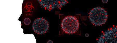 human silhouette with coronavirus cells on black
