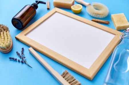 natural cleaning supplies around white boardの写真素材