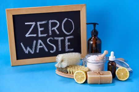zero waste words on chalkboard and cleaning stuffの写真素材