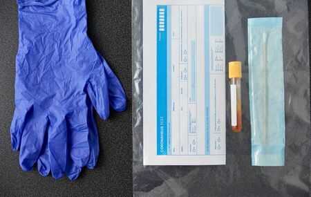 test tube, cotton swab, medical report and gloves