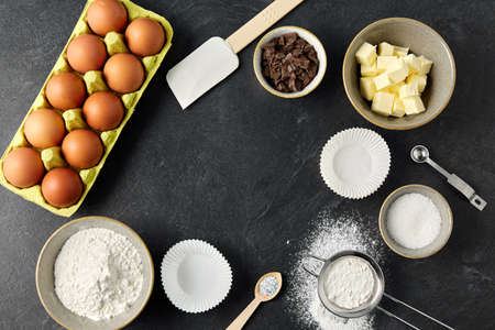 rolling pin, butter, eggs, flour and chocolateの写真素材