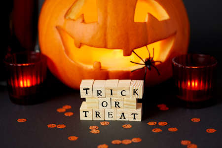 toy blocks with trick or treat words on halloweenの写真素材