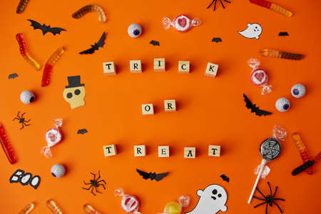 trick or treat letters and halloween sweetsの写真素材