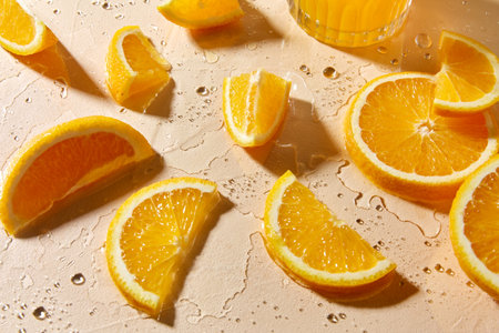 glass of juice and orange slices on wet table