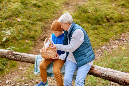 grandmother and grandson with mushrooms in forestの写真素材