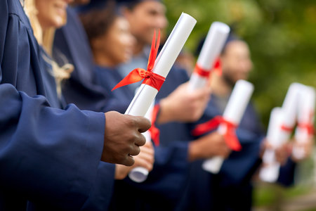 graduate students in mortar boards with diplomas