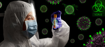 scientist in mask and face shield with test tube