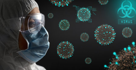 doctor in protective wear, face mask and goggles