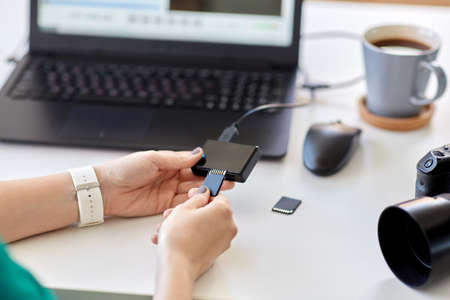 woman with sd card reader and laptop at office