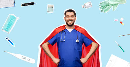 smiling doctor or male nurse in superhero cape