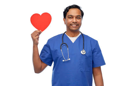 indian male doctor with red heart and stethoscope