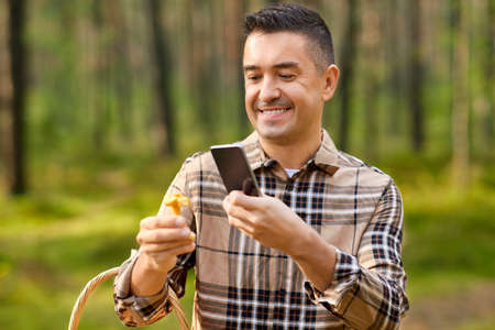 man using smartphone to identify mushroom