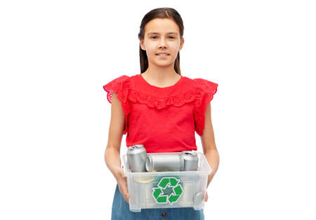 smiling girl sorting metallic wasteの写真素材