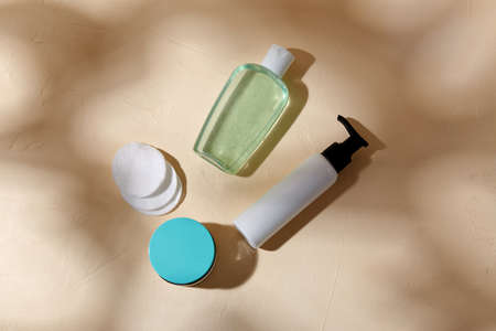 body milk, lotion, moisurizer and cotton padsの写真素材