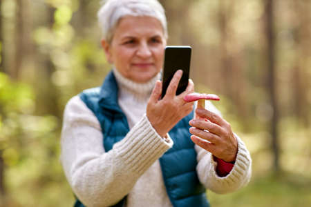 senior woman using smartphone to identify mushroomの写真素材