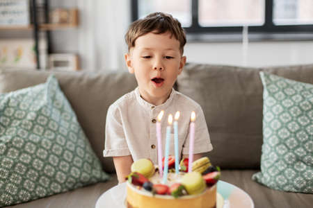 holidays, celebration and people concept - happy little boy blowing candles on birthday cake at home...